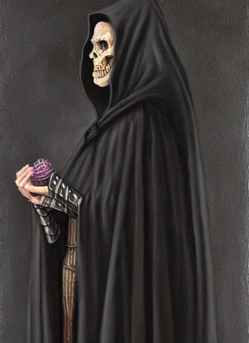 Prompt: ultradetailed painting of the necromancer, wearing a black cloak, crisp
