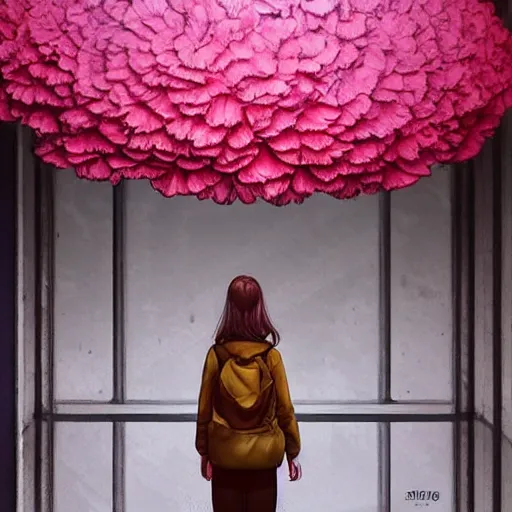 Image similar to giant carnation flower head, woman standing in metro station, surreal photography, dramatic light, impressionist painting, digital painting, artstation, simon stalenhag