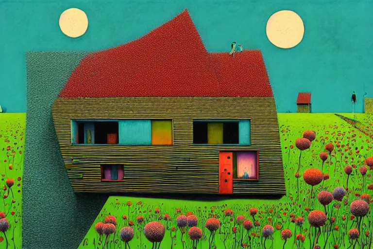 Image similar to surreal glimpse into other universe, house by som architect, summer morning, very coherent and colorful high contrast, art by!!!! gediminas pranckevicius!!!!, geof darrow, floralpunk screen printing woodblock, dark shadows, hard lighting, stipple brush technique,