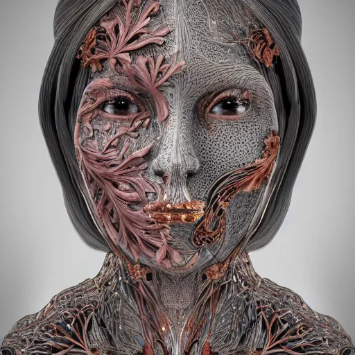 Image similar to beatifull frontal face portrait of a woman, 150 mm, anatomical, flesh, flowers, mandelbrot fractal, facial muscles, veins, arteries, symmetric, intricate, golden ratio, full frame, microscopic, elegant, highly detailed, ornate, ornament, sculpture, elegant , luxury, beautifully lit, ray trace, octane render in the style of peter Gric , alex grey and Romero Ressendi