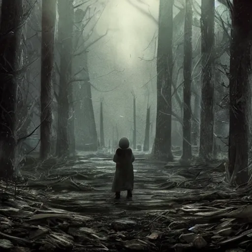 Image similar to in the long past, a alone child, alone in the darside, cold place, mother of witchers, shaodws coming, spirits in the dark, real atmosphere, forest decor