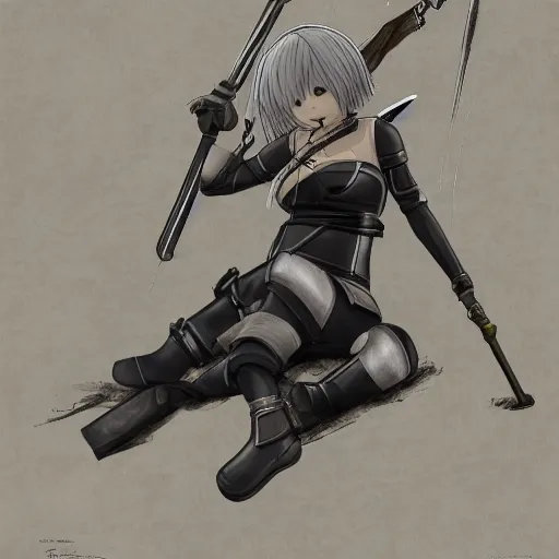 Image similar to blindfolded nier 2 b reclining in heavy armor by studio ghibli