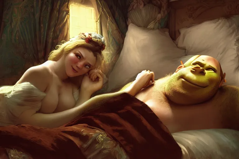 Image similar to russian poet alexander pushkin and shrek together in bed, portrait, highly detailed, digital painting, artstation, concept art, smooth, sharp focus, illustration, cinematic lighting, art by artgerm and greg rutkowski and alphonse mucha