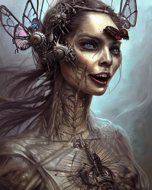 Prompt: death is swallowed up in victory, very detailed and beautiful face, screaming, mechanical butterfly, artwork by artgerm, centered shot, wide angle, full body, islandpunk, solarpunk, fantasy, highly detailed, digital painting, artstation, smooth, sharp focus, art by thomas kinkade and h. r. giger and kevin swartz