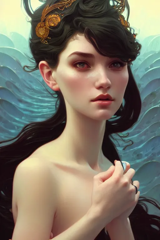 Image similar to a beautiful siren girl, fantasy, portrait, sharp focus, intricate, elegant, digital painting, artstation, matte, highly detailed, concept art, illustration, ambient lighting, art by ilya kuvshinov, artgerm, Alphonse mucha, and Greg Rutkowski