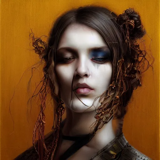 Image similar to portrait of a Shibari rope wrapped face and neck, headshot, insanely nice professional hair style, dramatic hair color, digital painting, of a old 15th century, roman soilder, amber jewels, baroque, ornate clothing, scifi, realistic, hyperdetailed, chiaroscuro, concept art, art by Franz Hals and Jon Foster and Ayami Kojima and Amano and Karol Bak,