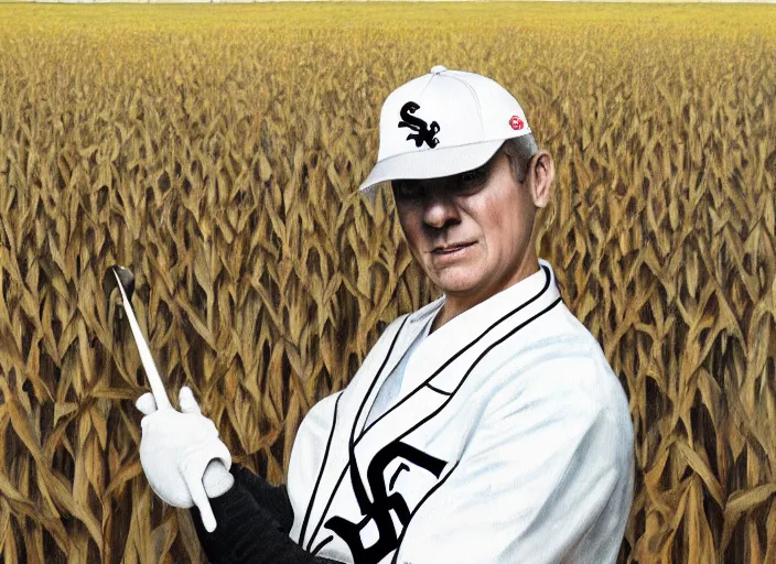 Image similar to painting of paul pater dressed as nurse with a chicago white sox hat in the middle of a corn field