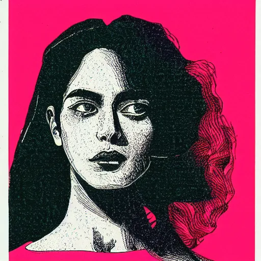 Image similar to a risograph of a beautiful woman, symmetrical