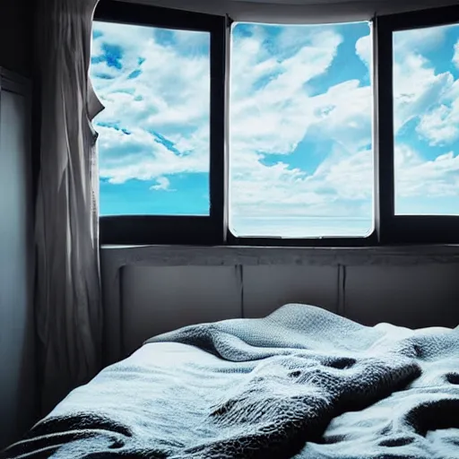 Prompt: Cozy bedroom aboard a flying ship window looks on moonlit clouds and stars, soft bed blankets wood paneling hyperrealism