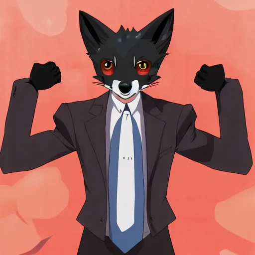 Image similar to key anime visual professional art of a close shot of an anthropomorphic black male fox anthro fursona, wearing a pomegrante colored business suit, handsome male eyes, anime office interior, official anime still