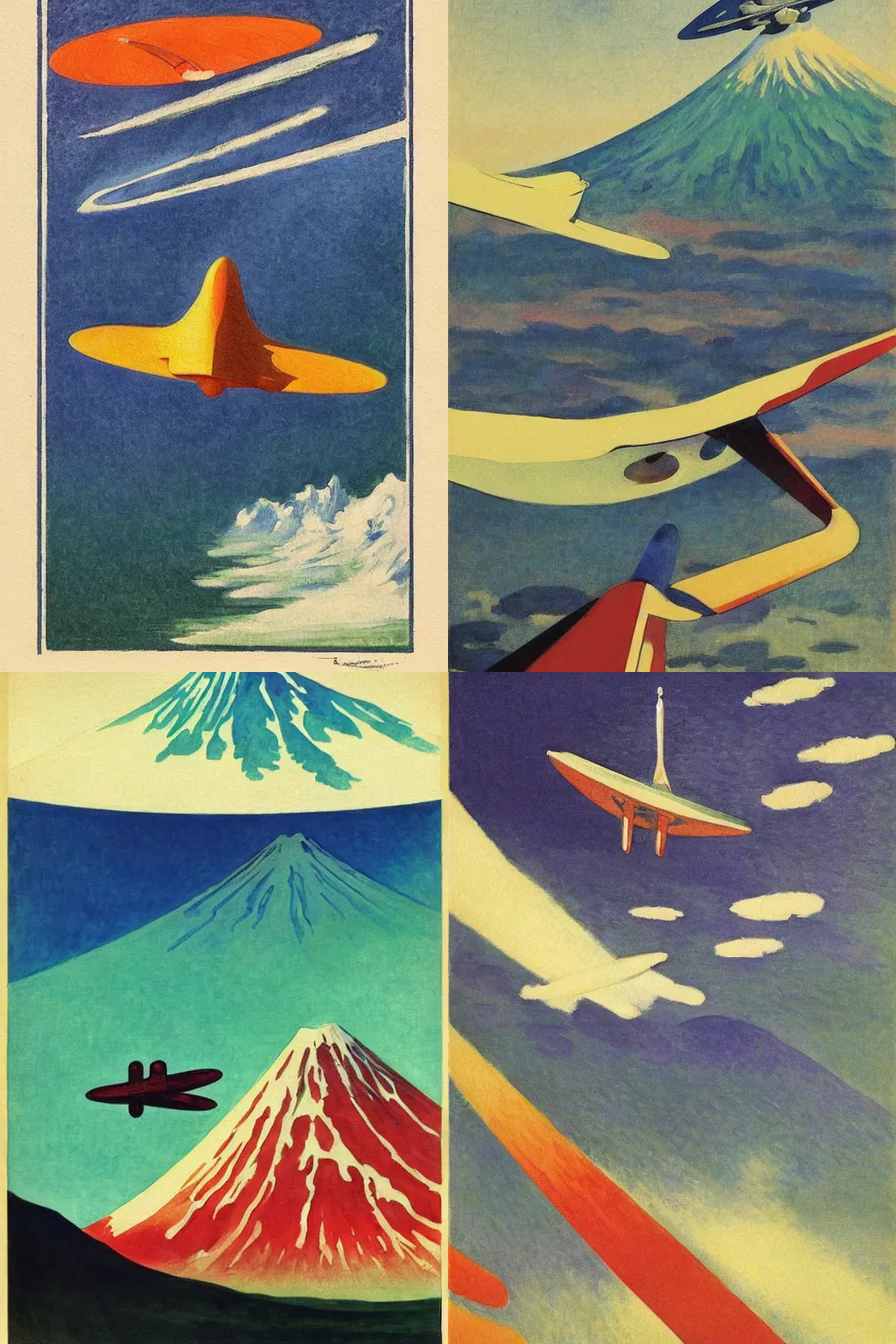 Prompt: impressionist watercolor painting by Claude Monet, surrealist spaceship takeoff over Mt Fuji by Edward Hopper, by Dean Ellis, by Sonia Delaunay, by Jean Giraud, 1942, japanese woodblock