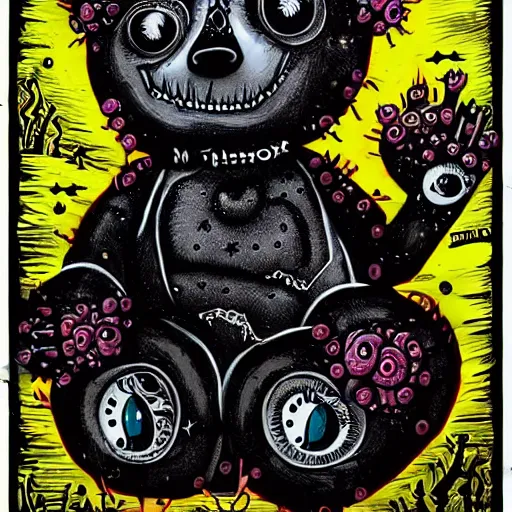 Prompt: dark art cartoon grunge drawing of a teddy bear with black holes as eyes by tim burton - loony toons style, horror theme, detailed, elegant, intricate, trending on art station