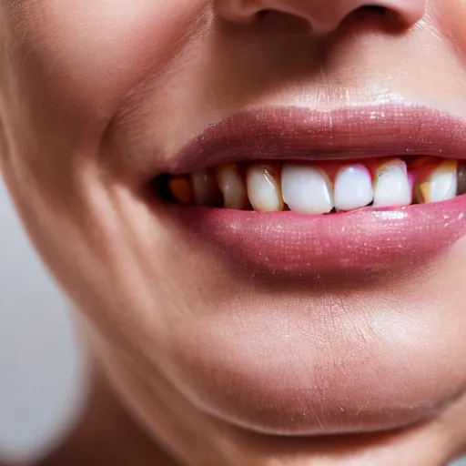 Image similar to closeup of woman with rotting teeth and blistered lips, newspaper ad for dentist