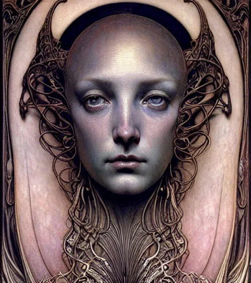 Image similar to detailed realistic beautiful young medieval alien queen face portrait by jean delville, gustave dore and marco mazzoni, art nouveau, symbolist, visionary, gothic, pre - raphaelite. horizontal symmetry by zdzisław beksinski, iris van herpen, raymond swanland and alphonse mucha. highly detailed, hyper - real, beautiful