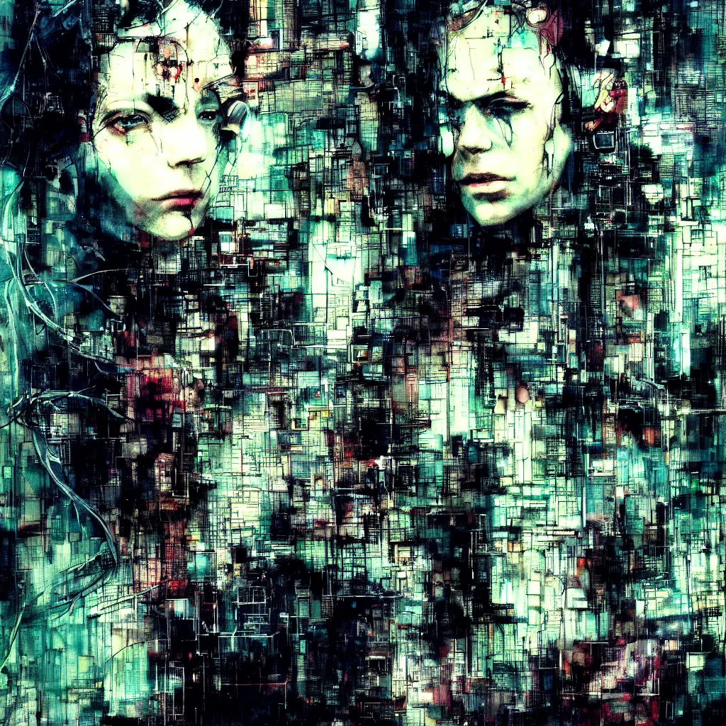 Prompt: glitchcore portrait of a cyberpunk dreamer, wires, machines, in a dark future city by jeremy mann, francis bacon and agnes cecile, and dave mckean ink drips, paint smears, digital glitches glitchart