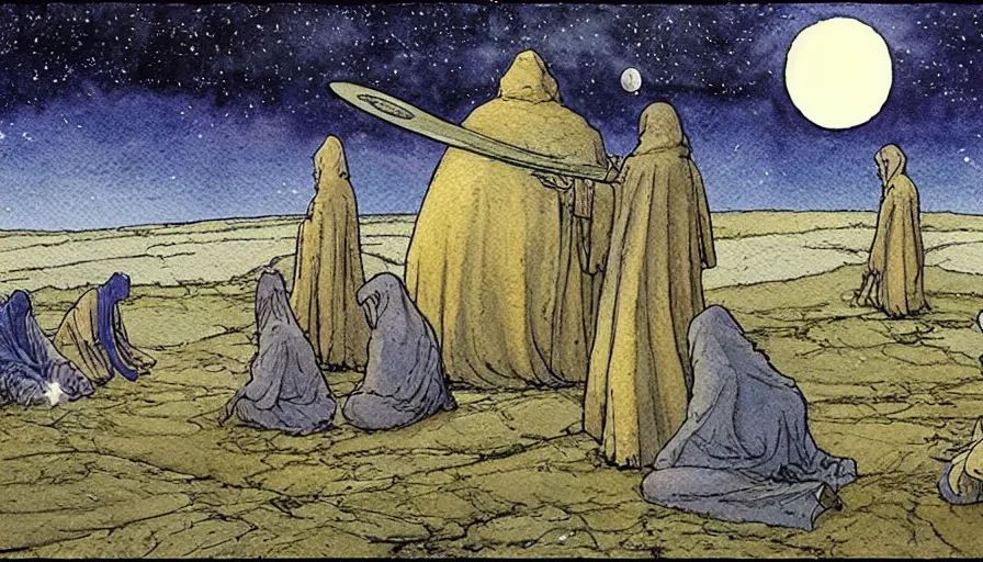 Image similar to a realistic and atmospheric watercolour fantasy concept art of a golden ufo landing in stonehenge. a giant medieval monk in grey robes on his knees praying. a sliver of moon in the sky. muted colors. by rebecca guay, michael kaluta, charles vess and jean moebius giraud