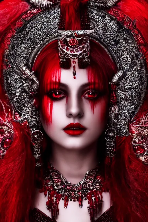 Image similar to portrait of the blood goddess, enigmatic beauty, dominant shades of crimson and red and black, photography, oriental silver ornaments, artstation