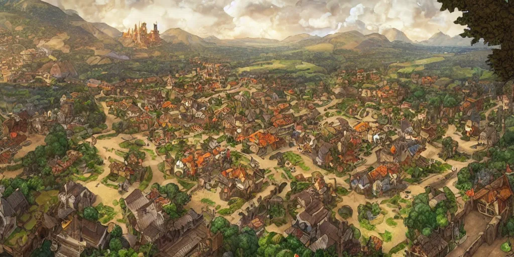 Image similar to medieval village overview in moving out game on nintendo switch. artwork by artgerm and mucha and norman lindsay