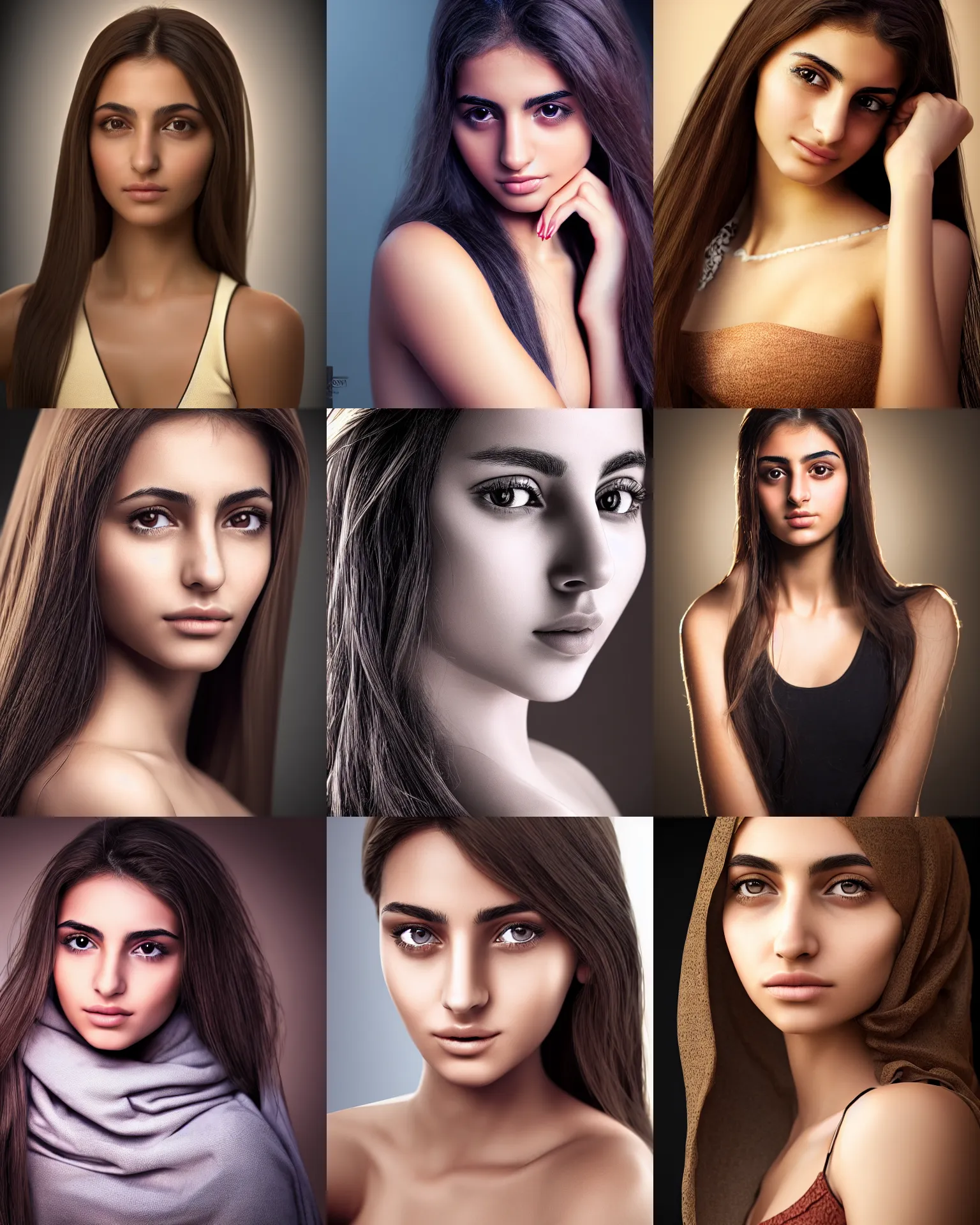 Prompt: very detailed, photorealistic digital art of a beautiful young middle eastern girl, from the waist up, with sharp features, a beautiful face, soft smile, under studio lighting, taken with a canon eos camera with 1 3 5 mm focal length