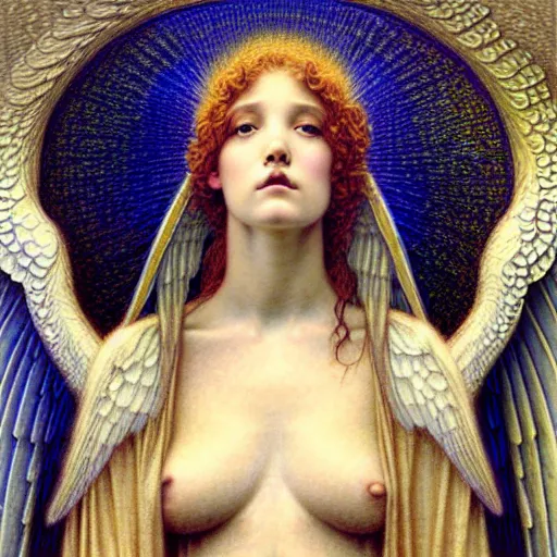 Prompt: detailed realistic beautiful young radiant medieval angel queen portrait by jean delville, gustave dore and marco mazzoni, art nouveau, symbolist, visionary, gothic, pre - raphaelite, horizontal symmetry