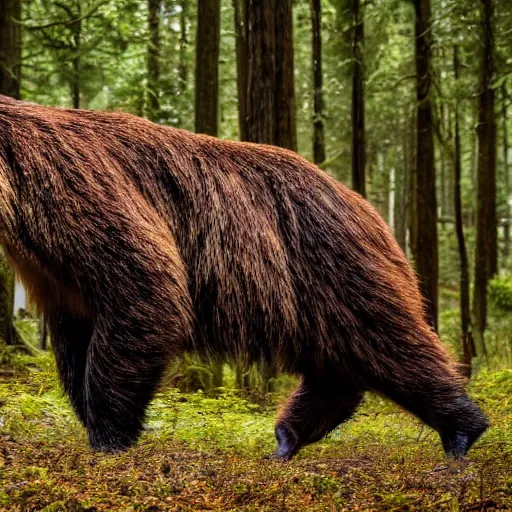 Prompt: A 4k photograph of an photogenic giant short-faced bear walking through a forest full of foilage