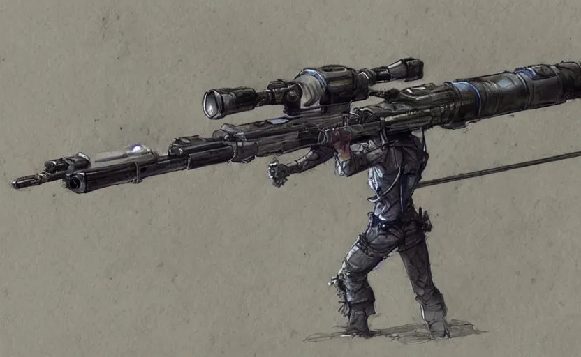 Image similar to concept art of a sniper rifle in futuristic, fantasy, steampunk, pinterest, artstation trending, behance, watercolor, by coby whitmore, silver, laser light,
