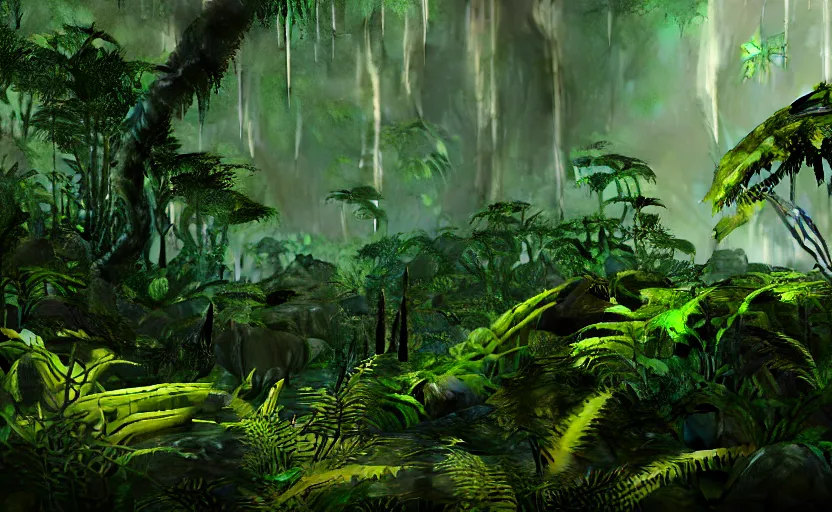Image similar to a beautiful render of a dark prehistoric rainforest, lush flora, patches of yellow sky, dark green leaves, dark shadows, mountains and a waterfall in the background, intricate detail, hazy, humid, volumetric lighting, 8 k, photorealistic, raytracing effects, unreal engine 5