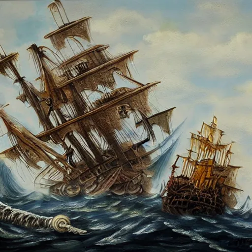 Image similar to oil painting of a kraken attacking a pirate ship
