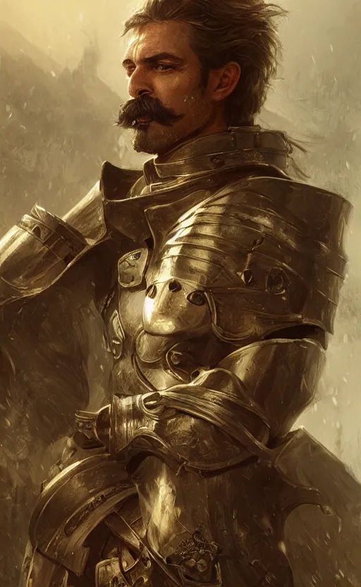 Image similar to Portrait of a middle-aged knight with a bushy moustache, male, detailed face, fantasy, highly detailed, cinematic lighting, digital art painting by greg rutkowski