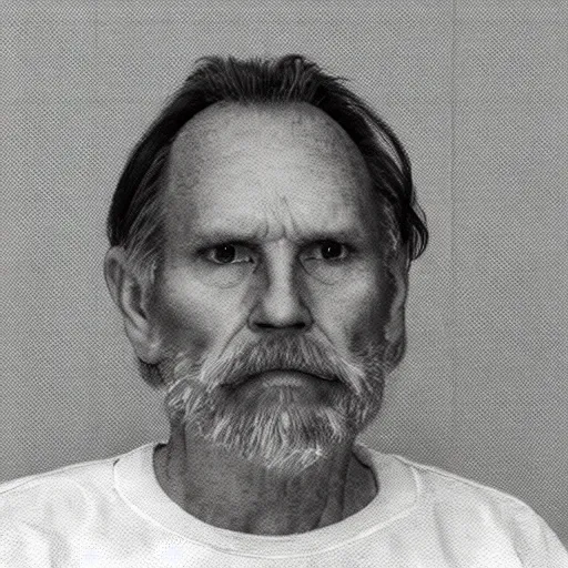 Image similar to A mugshot portrait of an old man who looks like Jerma985 with a receded hairline and short mid-length greying wavy hair, wearing mid-1980s menswear in the late 2000s, taken in the mid 2000s, grainy, realistic, hyperrealistic, very realistic, highly detailed, very detailed, extremely detailed, detailed, trending on artstation, front facing, front view, headshot and bodyshot, detailed face, very detailed face