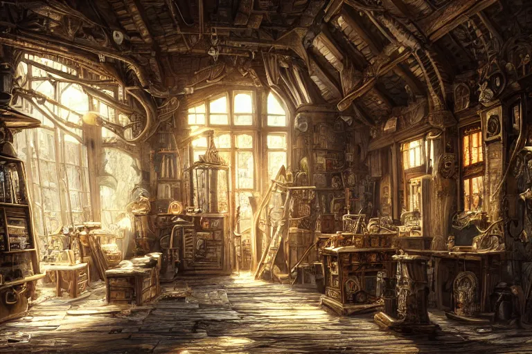 Image similar to A carpenters shop viewed from the inside, texture, intricate, details, highly detailed, masterpiece, architecture, building, trending on artstation, focus, sharp focus, concept art, digital painting, fantasy, sunny, day, midday, in the style of Dungeons and Dragons