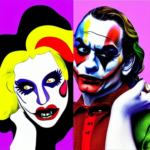 Prompt: richard hamilton and mimmo rottela as lady gaga harley queen and joaquin phoenix joker, pop art, 2 primary color, justify content center, object details, dynamic composition, 4 k, ultra realistic art, smooth, sharp focus, illustration, concept art, intricate details, h 7 6 8