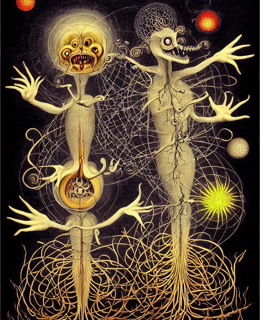 Image similar to whimsical freaky creature sings a unique canto about'as above so below'being ignited by the spirit of haeckel and robert fludd, breakthrough is iminent, glory be to the magic within, painted by ronny khalil