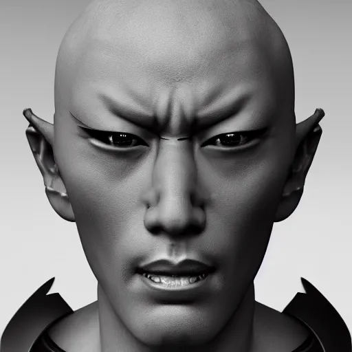 Image similar to portrait of a bust of a samurai head with futuristic fashion elements created by yuuki morita, brilliantly colored, octane render, 3 d animated, unreal engine 5, studio lighting, smooth surface