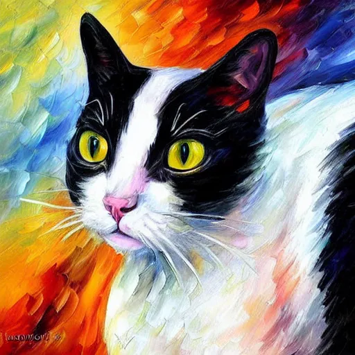 Image similar to painting of a black and white cat wearing a lab coat by Leonid Afremov