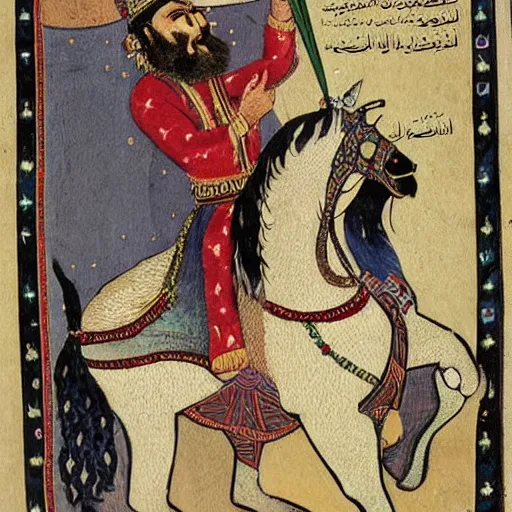 Image similar to persian folkore illustration of a bearded cowboy standing next to persianate emir