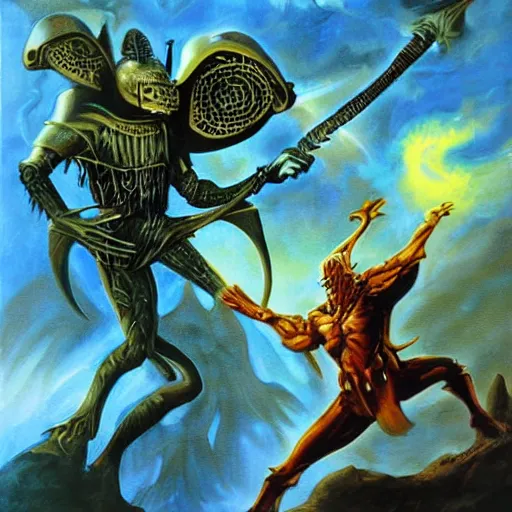 Image similar to a knight battling an alien king painting by boris vallejo & julie bell