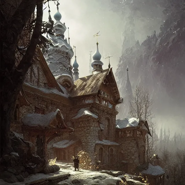 Image similar to russian folk fairytale, story, fable, dramatic, fantasy art, matte painting, an ultrafine detailed painting, academic art, ornate, inticate, elegant, sharp focus, artstation, by pavel korin, viktor vasnetsov, greg rutkowski