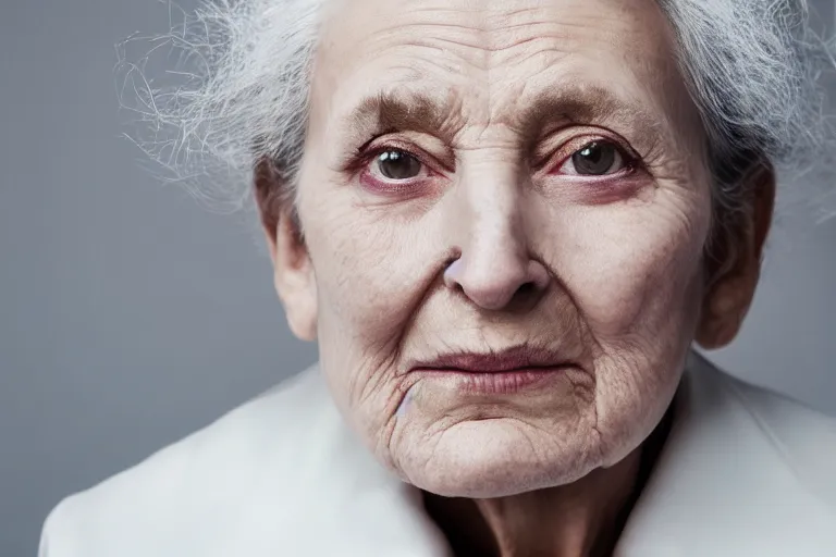 Prompt: a realistic studio cinematic headshot portrait of a beautiful old woman, wearing futuristic white suit, thunder, weather, 4 k, ultra realistic, dramatic lighting, vogue, fashion, by annie leibovitz