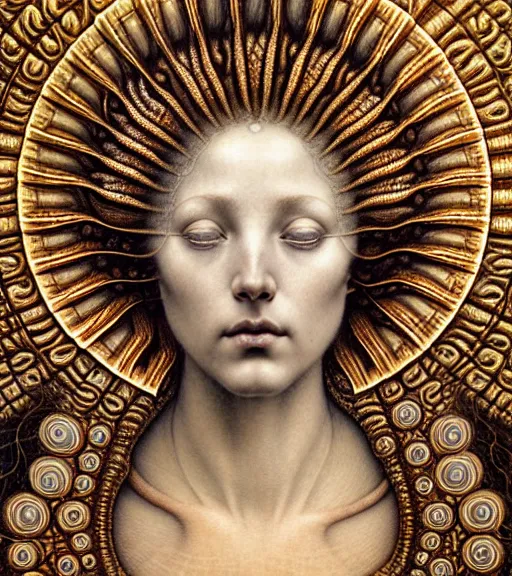 Image similar to detailed realistic beautiful sun goddess face portrait by jean delville, gustave dore, iris van herpen and marco mazzoni, art forms of nature by ernst haeckel, art nouveau, symbolist, visionary, gothic, neo - gothic, pre - raphaelite, fractal lace, intricate alien botanicals, ai biodiversity, surreality, hyperdetailed ultrasharp octane render