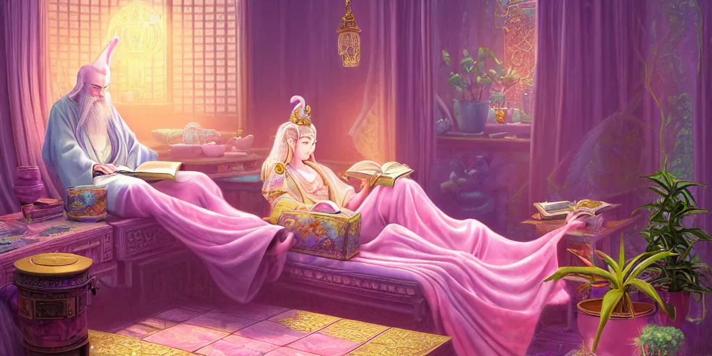 Image similar to a pastel painting of a wizard, ornate robes, lounging on a purpur pillow on the marbled checkered floor in her study room reading an ancient tome. to the side is a potted plant, moody candlelit raytracing. ancient oriental retrofuturistic fantasy setting. 4 k key art. by yoshitaka amano and mark tedin