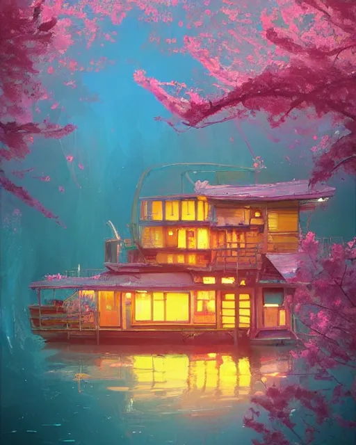 Image similar to a houseboat by a small fishing village on the river | cherry - blossoms | highly detailed | very intricate | serene romantic fantasy whimsical magical | professional cinematic lighting | dusk | studio ghibli | award - winning | matte painting by anton fadeev and paul lehr and rhads and alena aenami | pastel color palette | featured on artstation