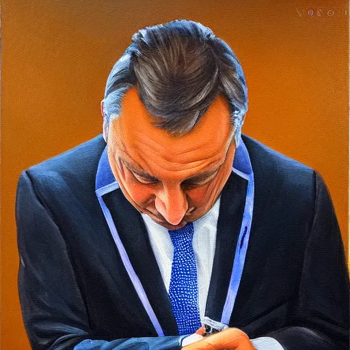 Image similar to viktor orban fixing his tie in a cubicle, oil painting