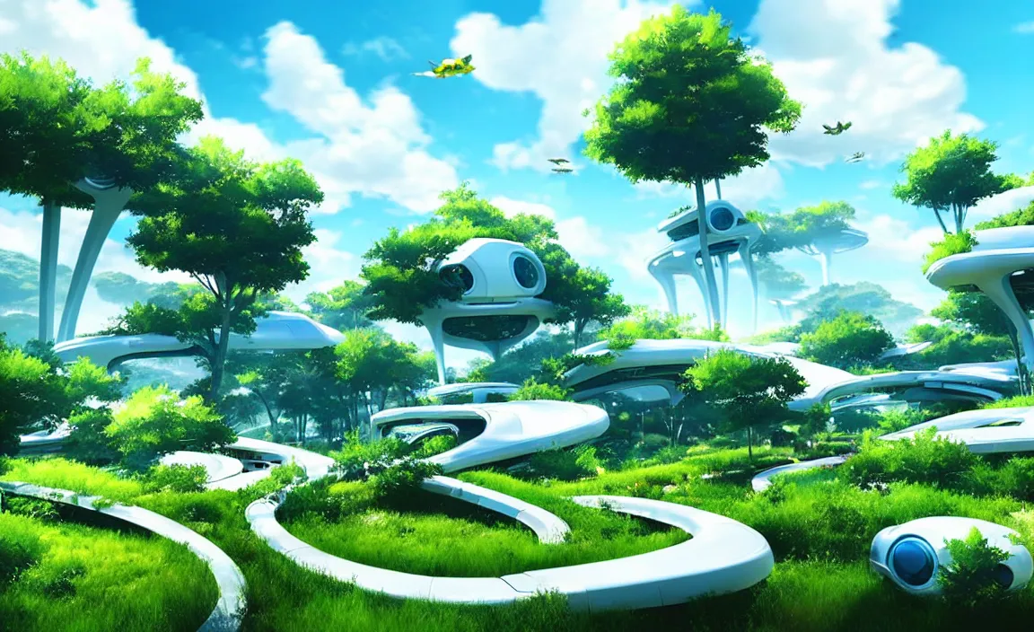 Prompt: big garden, sunshine, outdoors, the blue sky and white clouds, beautiful scenery, futuristic. game cg, hyperdetailed, trending on cgsociety