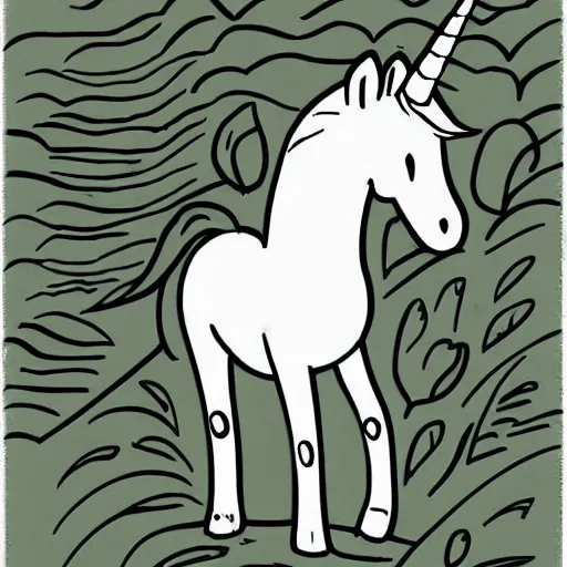 Image similar to Illustration for a story of a unicorn in the bush, professional drawing, very well drawn, simple with rounded lines