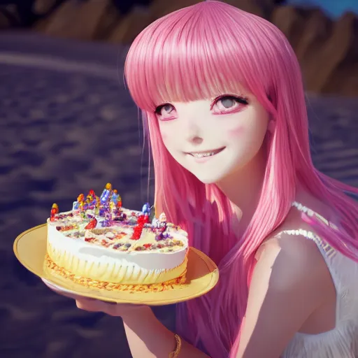 Image similar to Render of a beautiful 3d anime woman holding a birthday cake to show the camera, long light pink hair, full bangs, hazel eyes, cute freckles, full round face, smug smile, Chinese heritage, cute checkerboard sundress, golden hour, serene beach setting, medium shot, mid-shot, hyperdetailed, trending on Artstation, Unreal Engine 4k