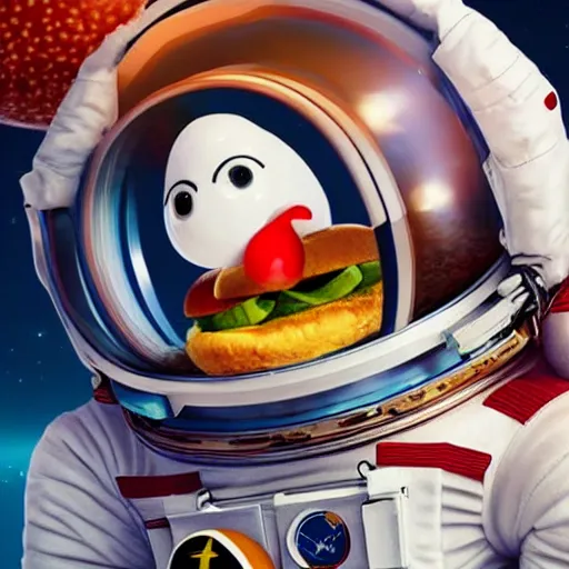 Prompt: a humanoid chicken!!!!! astronaut trying to eat a burger while floating inside of a space station, trending on artstation, cgsociety contest winner, 4 k quality, digital art, anime style, studio ghibli!!!!!