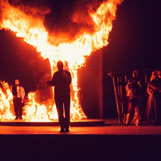 Prompt: a man burning in the middle of an opera