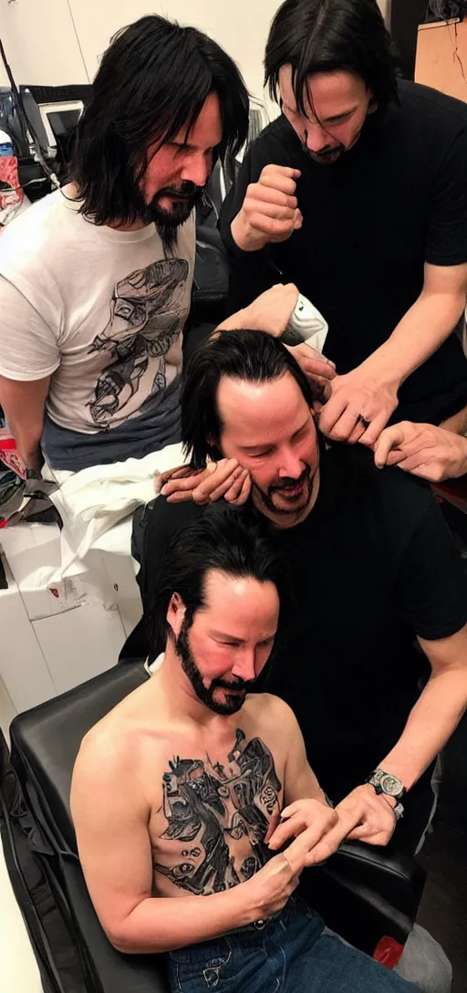 Prompt: “Keanu reeves giving a tattoo of Keanu reeves to Keanu reeves 8k”