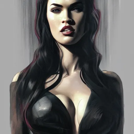 Prompt: portrait of megan fox in black business suit, sultry pose, fantasy, intricate, elegant, highly detailed, digital painting, artstation, concept art, matte, sharp focus, perfect face symmetry, illustration, art by aenaluck and roberto ferri and greg rutkowski, epic fantasy, digital painting